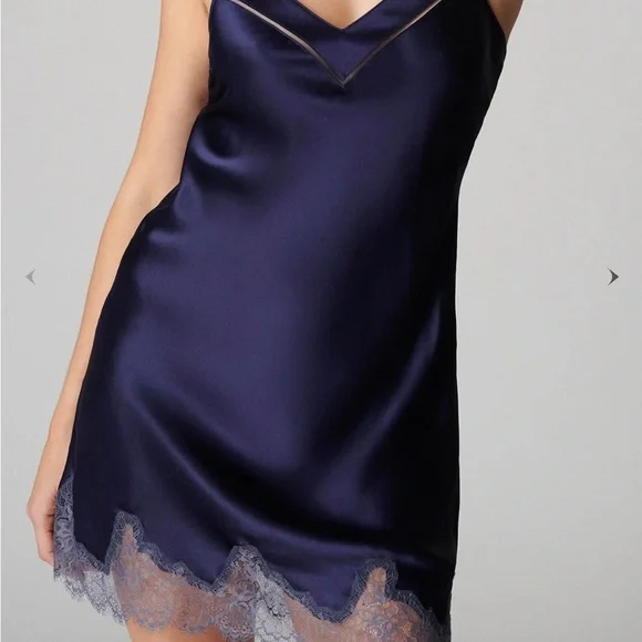 Elegant Navy Blue Slip Dress with Lace Trim French 100% silk - Picture 2 of 7